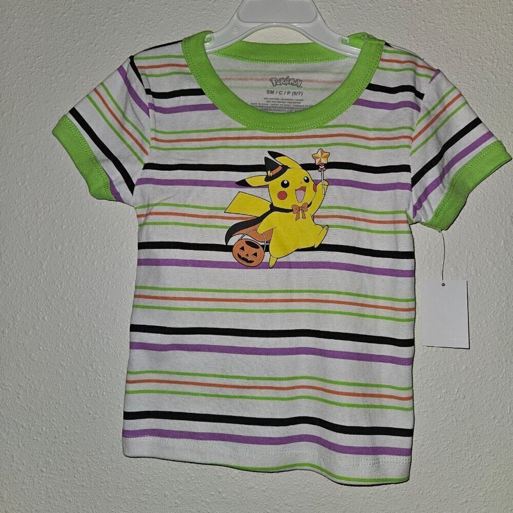 NWT Pokemon Pikachu Halloween Shirt Girls Small 6/7 Green Purple Black Stripes